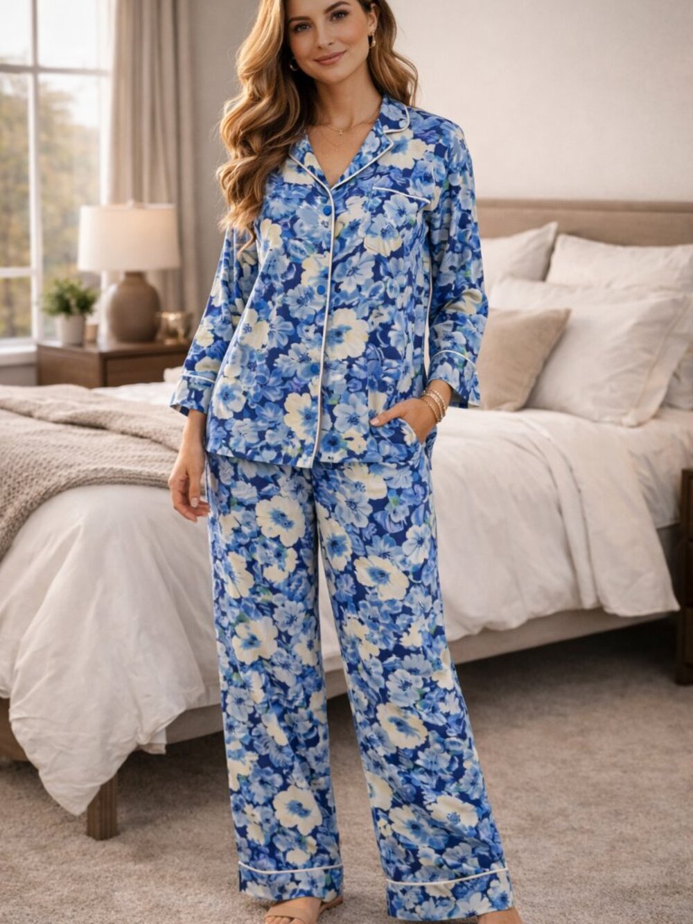 Lauren Ralph Lauren Floral 3/4 Sleeve Notch Collar Long Pants Pajama Set Sz L